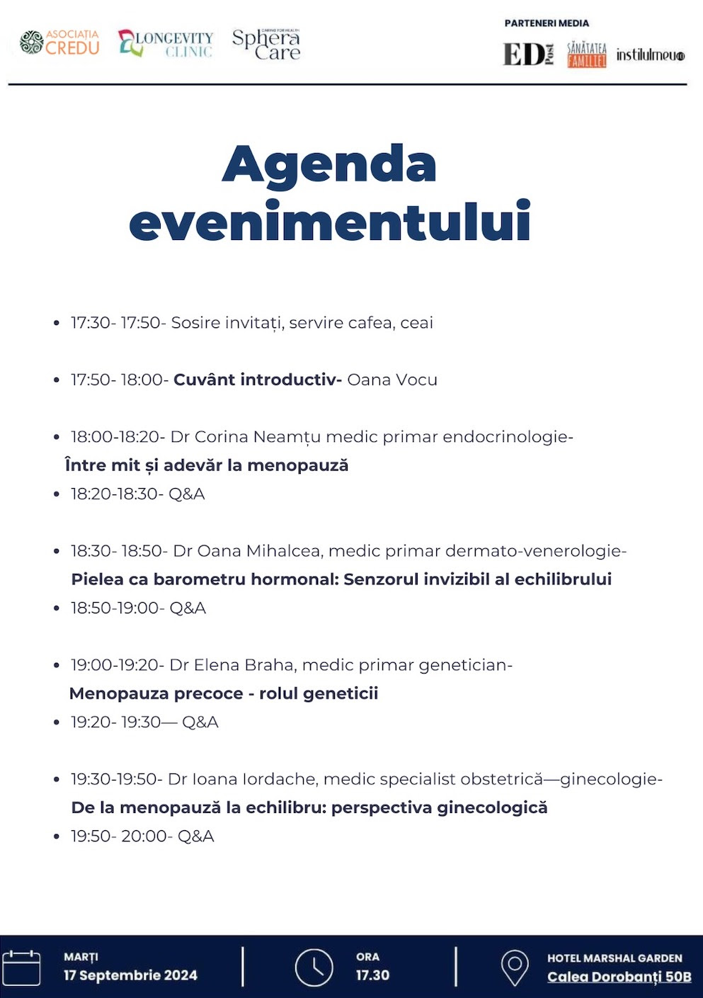 Agenda conferinței „Alegeri sănătoase pentru femeia matură” – soluții pentru o îmbunatățire a tranziției către menopauză